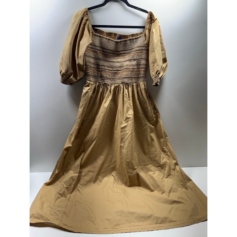 Old Navy Women’s Sz L Midi Dress Tan Puff Sleeve Smocked Cottage Core Peasant - Picture 5 of 9